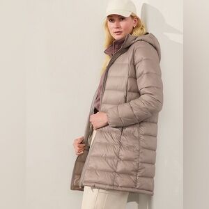 Athleta Aire Puffer Parka Quilted Puffer Jacket Beige Long Size Large